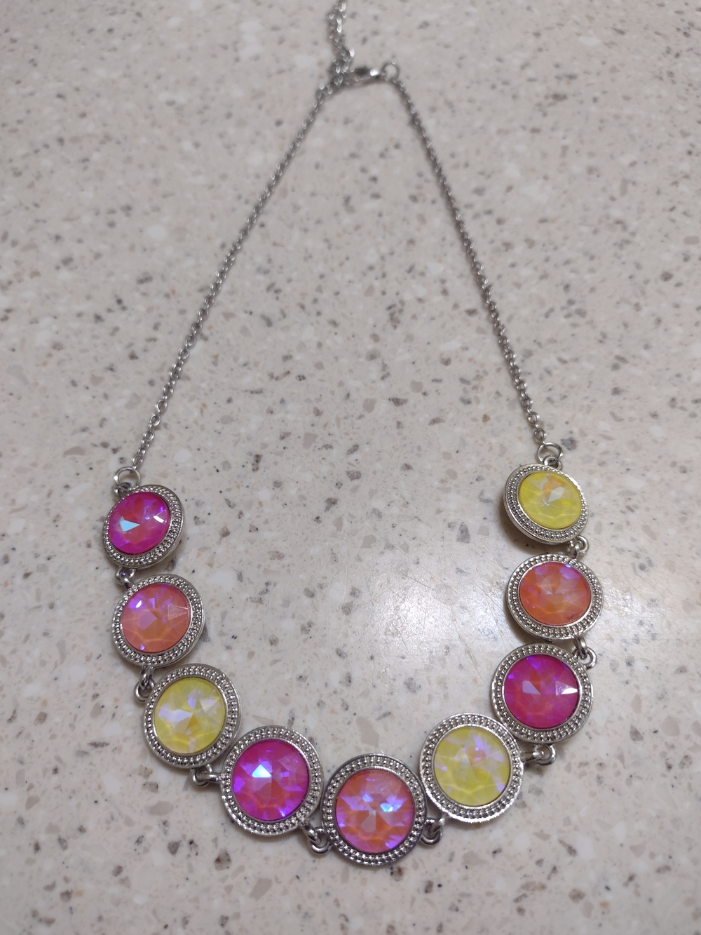Women's Silver-Tone Multicolor Crystal Necklace - Pink & Yellow